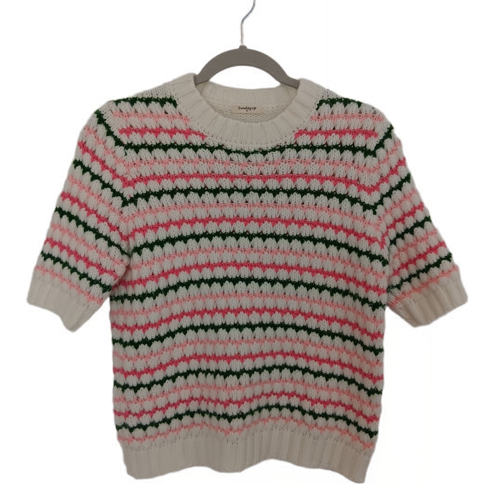 Pink and Green Crew Neck Sweater with Fair Isle Pattern